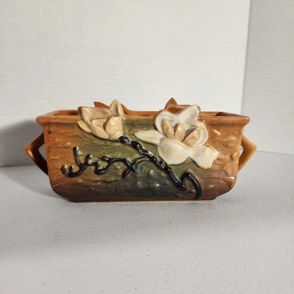 Roseville Pottery Magnolia Brown Window Box Planter 386-8 VTG Art Deco Floral